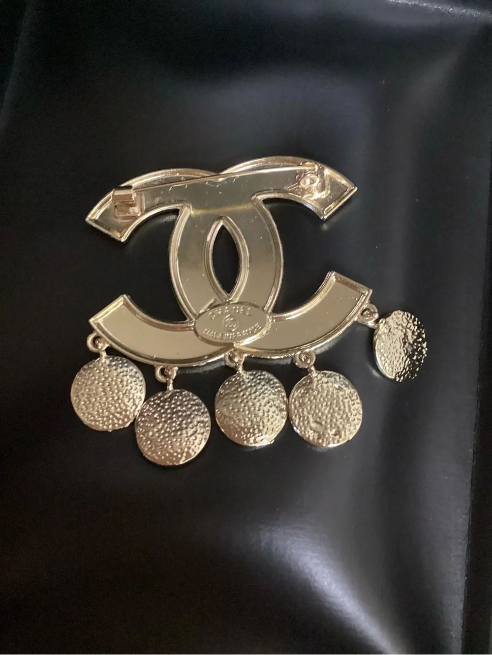 CHANEL Black and Gold CC Logo Charm Brooch